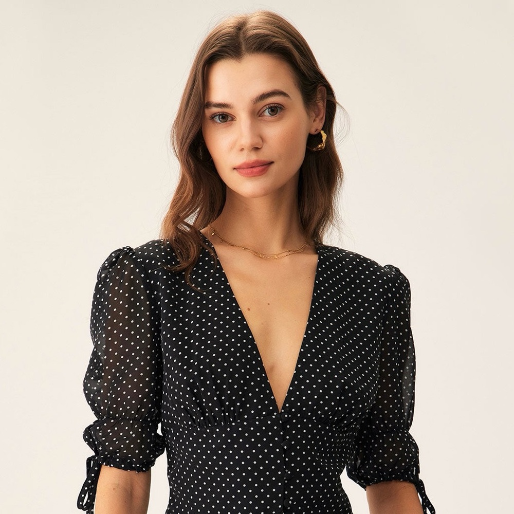 Reformation Black Polka Dot Ruched Tie Sleeve Blouse Size S